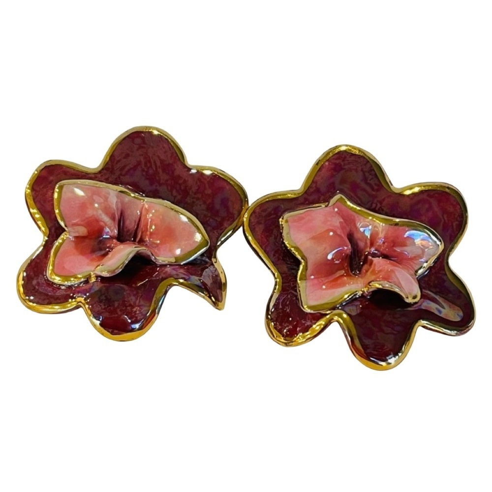 Vintage 80s Gold Tone, Burgundy & Pink Enamel Clip On Earrings signed